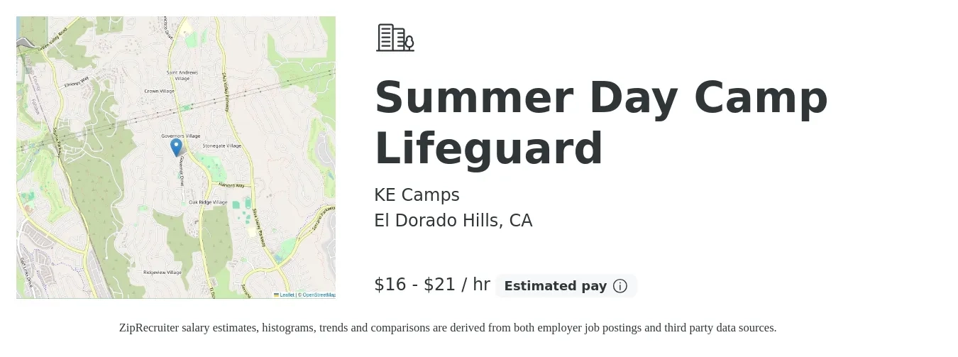 KE Camps job posting for a Summer Day Camp Lifeguard in El Dorado Hills, CA with a salary of $17 to $22 Hourly with a map of El Dorado Hills location.