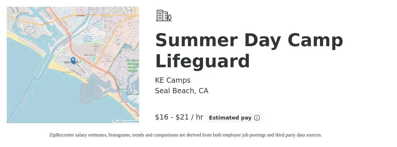 KE Camps job posting for a Summer Day Camp Lifeguard in Seal Beach, CA with a salary of $17 to $22 Hourly with a map of Seal Beach location.