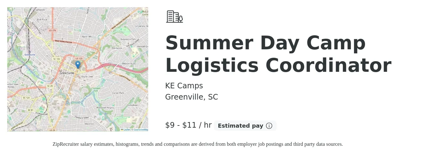 KE Camps job posting for a Summer Day Camp Logistics Coordinator in Greenville, SC with a salary of $10 to $12 Hourly with a map of Greenville location.
