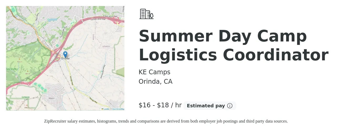 KE Camps job posting for a Summer Day Camp Logistics Coordinator in Orinda, CA with a salary of $17 to $19 Hourly with a map of Orinda location.