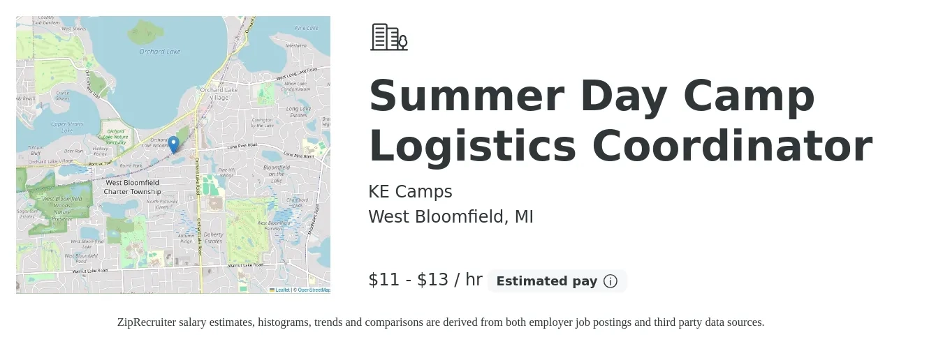 KE Camps job posting for a Summer Day Camp Logistics Coordinator in West Bloomfield, MI with a salary of $12 to $14 Hourly with a map of West Bloomfield location.