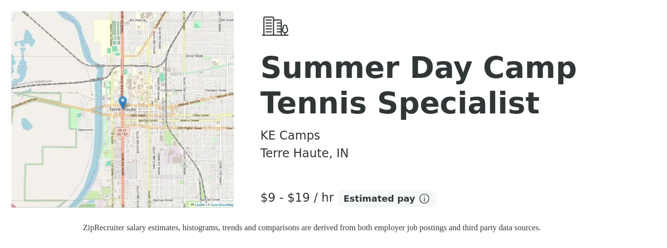KE Camps job posting for a Summer Day Camp Tennis Specialist in Terre Haute, IN with a salary of $10 to $20 Hourly with a map of Terre Haute location.