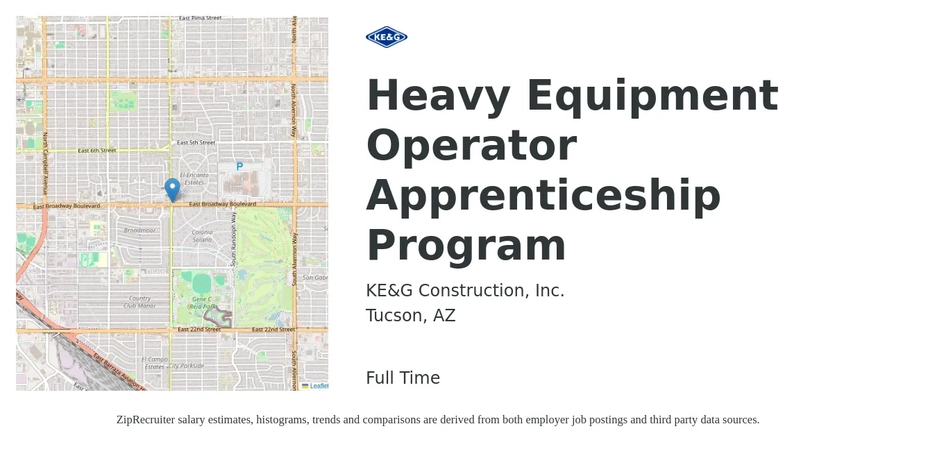 KE&G Construction, Inc. job posting for a Heavy Equipment Operator Apprenticeship Program in Tucson, AZ with a salary of $18 to $24 Hourly with a map of Tucson location.