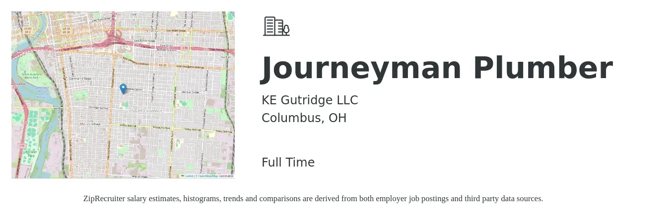 KE Gutridge LLC job posting for a Journeyman Plumber in Columbus, OH with a salary of $27 to $37 Hourly with a map of Columbus location.