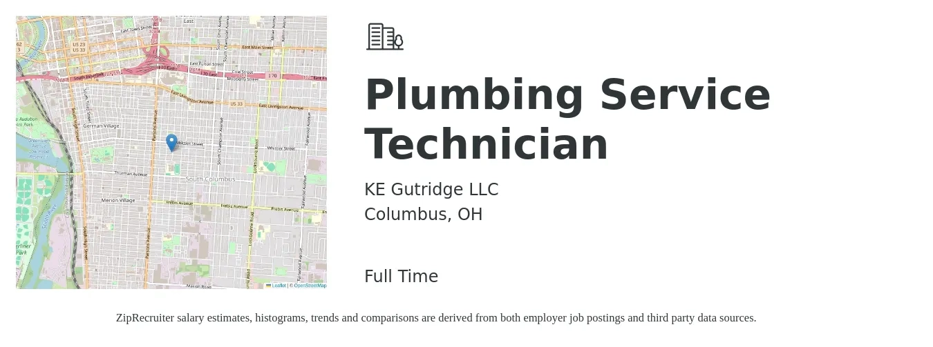 KE Gutridge LLC job posting for a Plumbing Service Technician in Columbus, OH with a salary of $24 to $35 Hourly with a map of Columbus location.