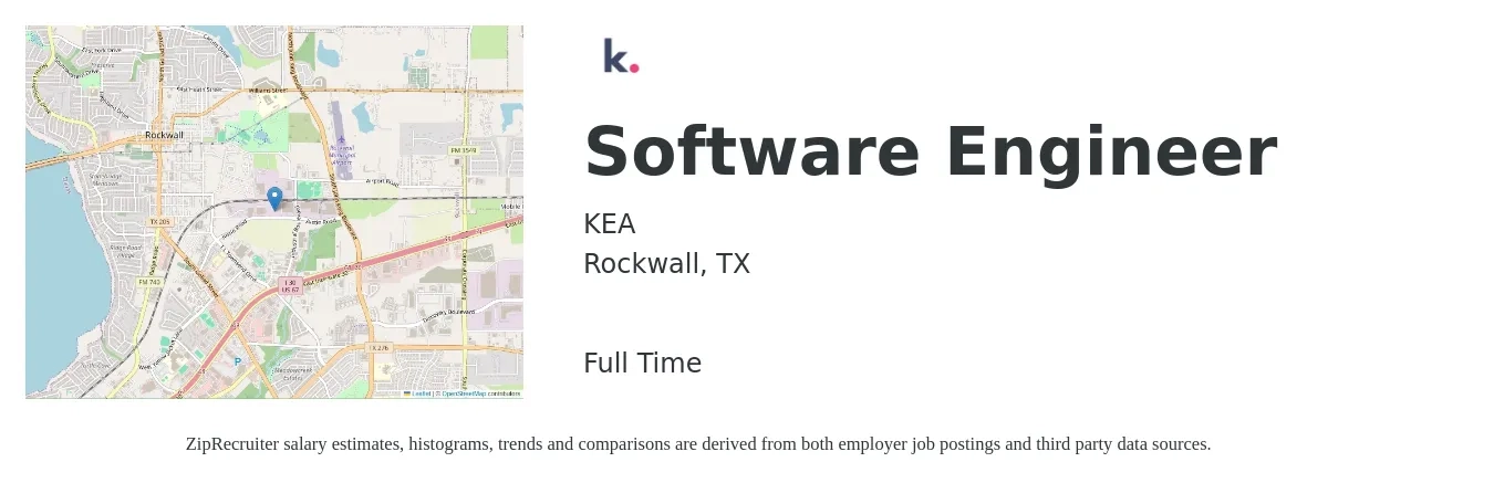KEA job posting for a Software Engineer in Rockwall, TX with a salary of $111,500 to $160,800 Yearly with a map of Rockwall location.