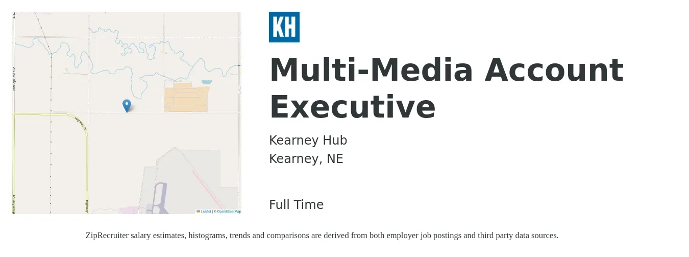 Kearney Hub job posting for a Multi-Media Account Executive in Kearney, NE with a salary of $48,800 to $85,800 Yearly with a map of Kearney location.