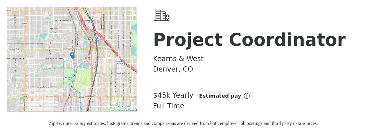 Kearns & West Inc job posting for a Project Coordinator in Denver, CO with a salary of $45,000 to $60,000 Yearly with a map of Denver location.