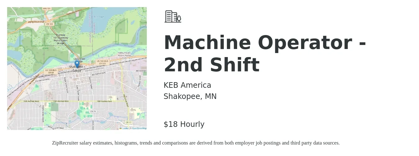 KEB America job posting for a Machine Operator - 2nd Shift in Shakopee, MN with a salary of $19 Hourly with a map of Shakopee location.