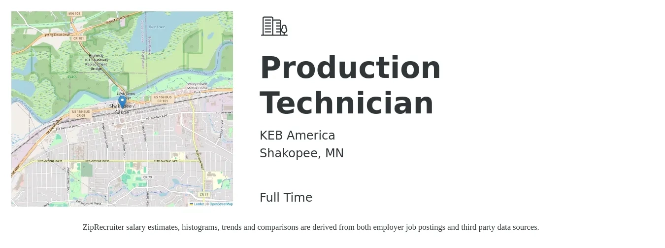 KEB America job posting for a Production Technician in Shakopee, MN with a salary of $18 to $23 Hourly with a map of Shakopee location.
