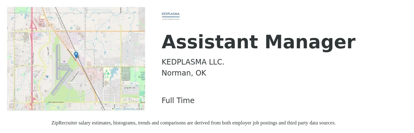 KEDPLASMA LLC. job posting for a Assistant Manager in Norman, OK with a salary of $15 to $22 Hourly with a map of Norman location.