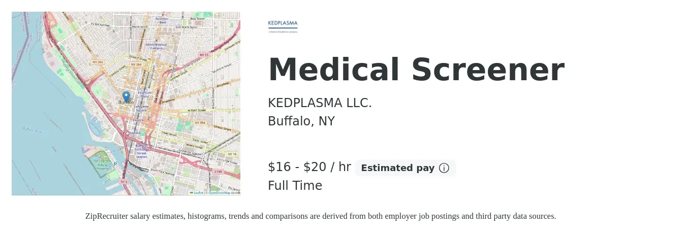 KEDPLASMA LLC. job posting for a Medical Screener in Buffalo, NY with a salary of $17 to $21 Hourly with a map of Buffalo location.