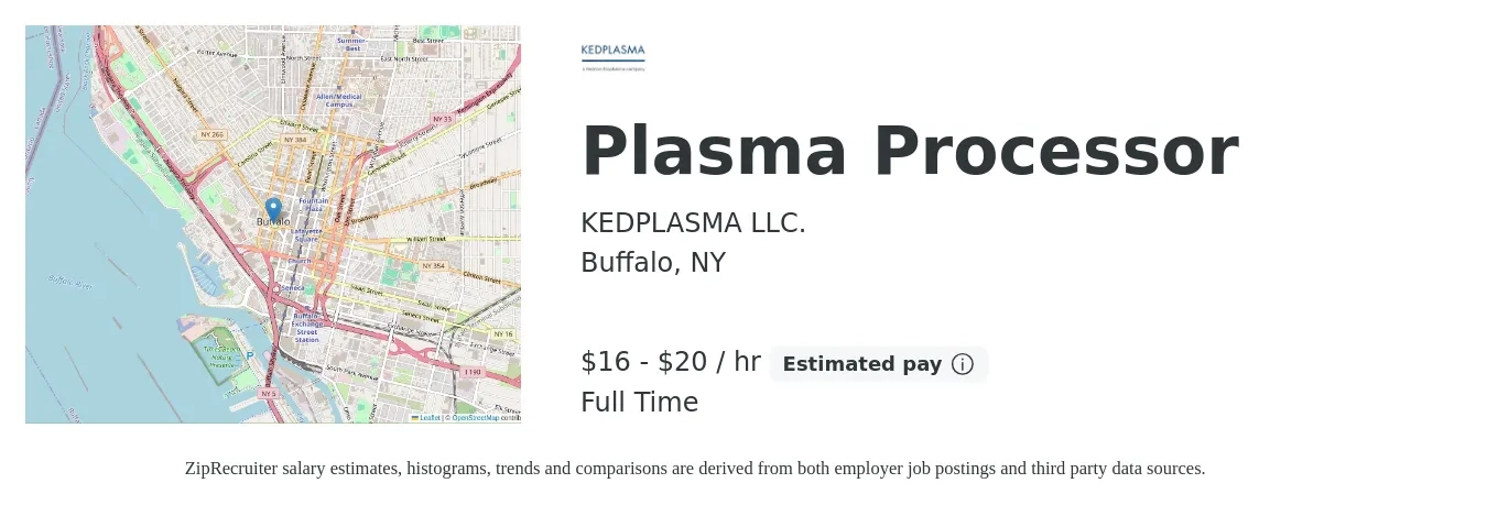 KEDPLASMA LLC. job posting for a Plasma Processor in Buffalo, NY with a salary of $17 to $21 Hourly with a map of Buffalo location.