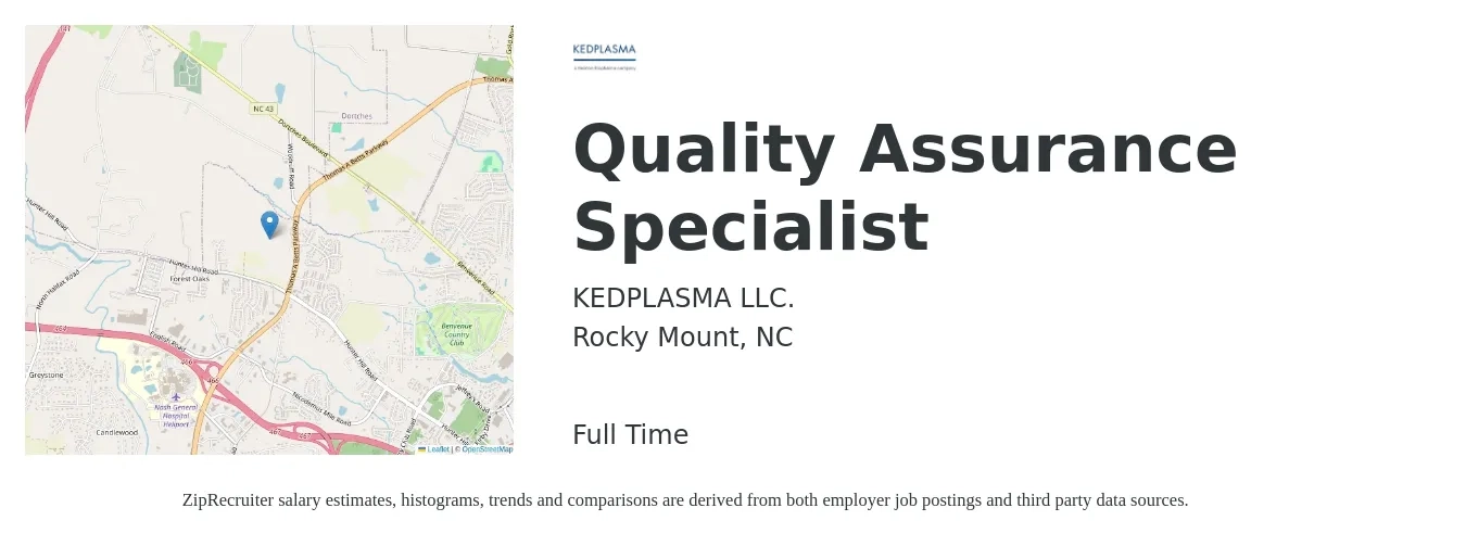 KEDPLASMA LLC. job posting for a Quality Assurance Specialist in Rocky Mount, NC with a salary of $54,700 to $81,000 Yearly with a map of Rocky Mount location.