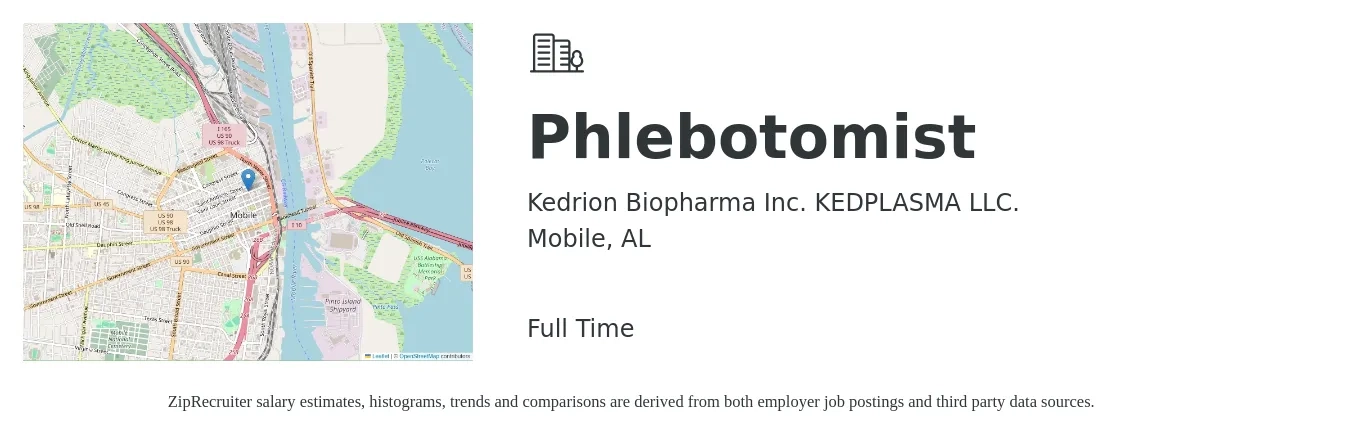 Kedrion Biopharma Inc. KEDPLASMA LLC. job posting for a Phlebotomist in Mobile, AL with a salary of $14 to $18 Hourly with a map of Mobile location.