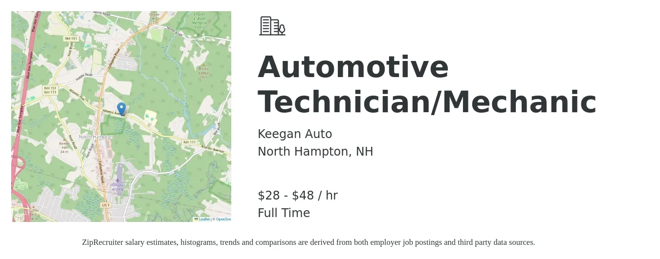 Keegan Auto job posting for a Automotive Technician/Mechanic in North Hampton, NH with a salary of $30 to $50 Hourly with a map of North Hampton location.