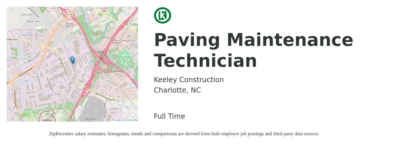 Keeley Construction job posting for a Paving Maintenance Technician in Charlotte, NC with a salary of $22 to $30 Hourly with a map of Charlotte location.