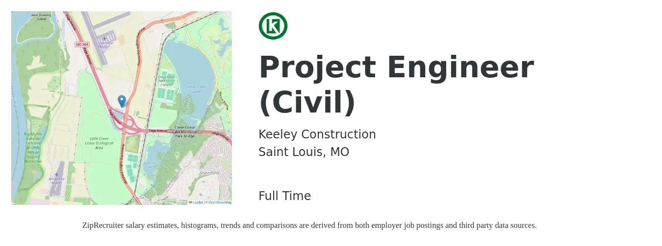 Keeley Construction job posting for a Project Engineer (Civil) in Saint Louis, MO with a salary of $82,600 to $110,300 Yearly with a map of Saint Louis location.