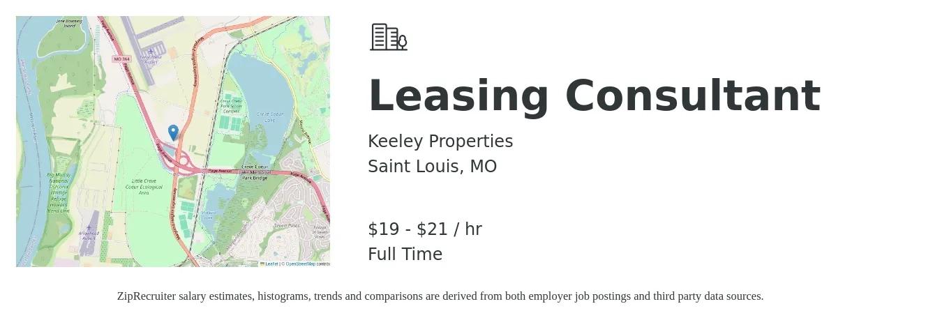 Keeley Properties job posting for a Leasing Consultant in Saint Louis, MO with a salary of $20 to $22 Hourly with a map of Saint Louis location.