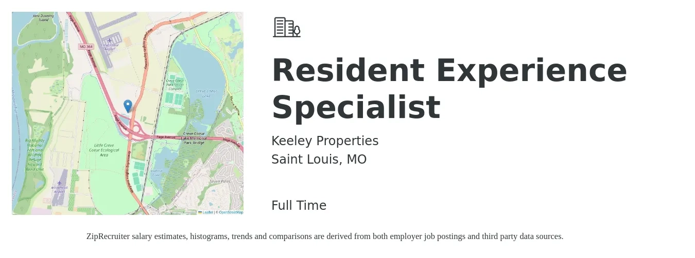 Keeley Properties job posting for a Resident Experience Specialist in Saint Louis, MO with a salary of $46,200 to $68,100 Yearly with a map of Saint Louis location.