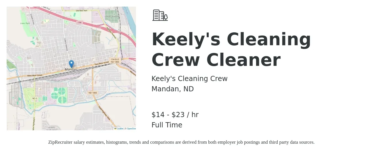 Keely's Cleaning Crew job posting for a Keely's Cleaning Crew Cleaner in Mandan, ND with a salary of $15 to $24 Hourly with a map of Mandan location.