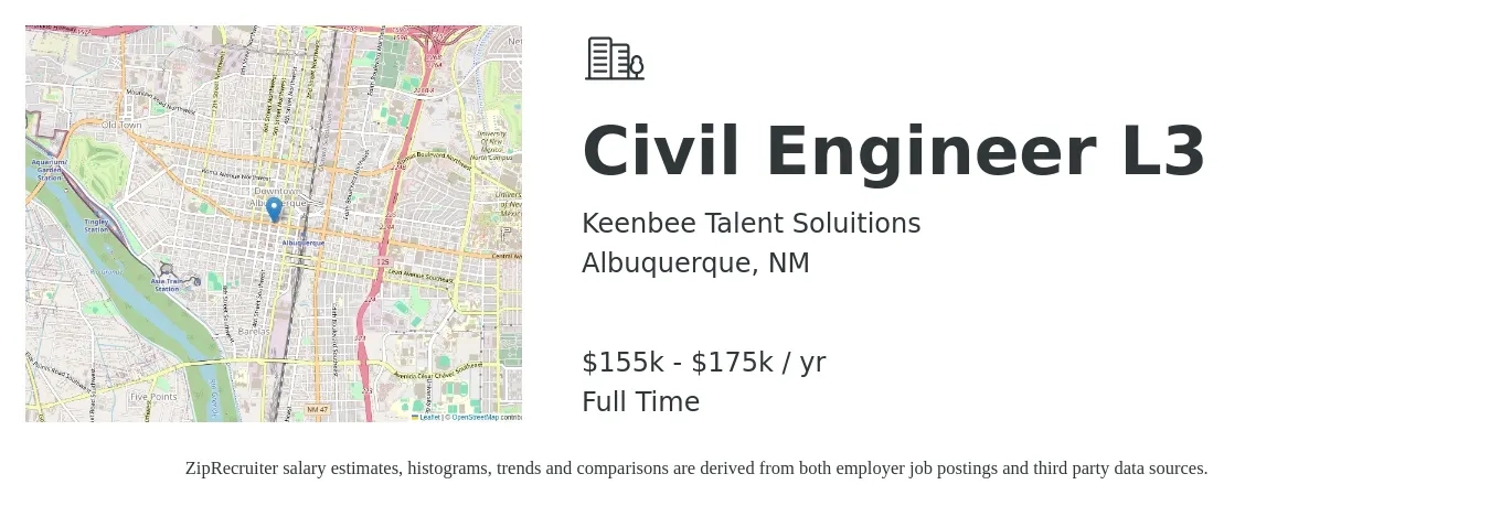 Keenbee Talent Soluitions job posting for a Civil Engineer L3 in Albuquerque, NM with a salary of $155,000 to $175,000 Yearly with a map of Albuquerque location.