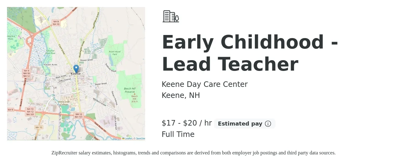 Keene Day Care Center job posting for a Early Childhood - Lead Teacher in Keene, NH with a salary of $18 to $21 Hourly with a map of Keene location.