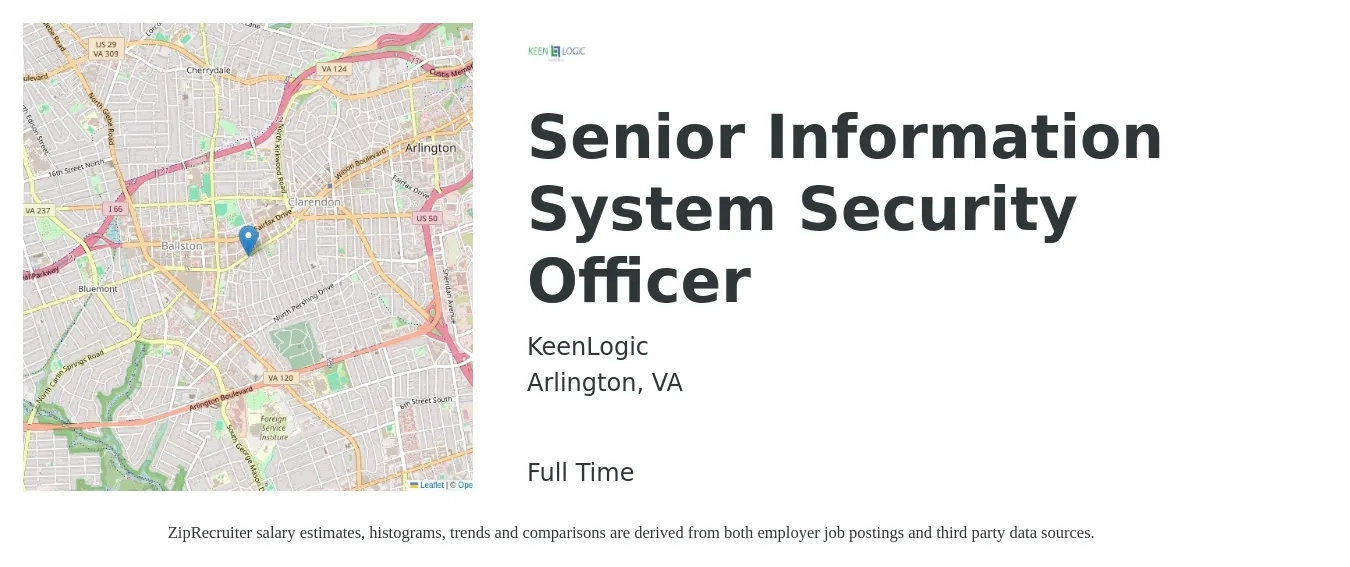 KeenLogic job posting for a Senior Information System Security Officer in Arlington, VA with a salary of $109,300 to $158,800 Yearly with a map of Arlington location.