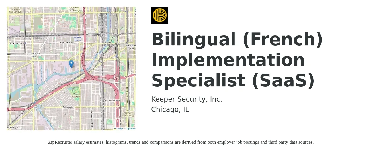 Keeper Security, Inc. job posting for a Bilingual (French) Implementation Specialist (SaaS) in Chicago, IL with a salary of $27 to $37 Hourly with a map of Chicago location.