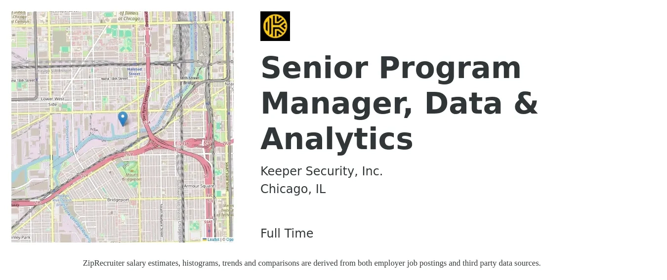 Keeper Security, Inc. job posting for a Senior Program Manager, Data & Analytics in Chicago, IL with a salary of $96,300 to $139,100 Yearly with a map of Chicago location.