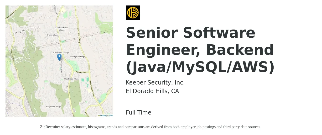 Keeper Security, Inc. job posting for a Senior Software Engineer, Backend (Java/MySQL/AWS) in El Dorado Hills, CA with a salary of $122,400 to $159,000 Yearly with a map of El Dorado Hills location.