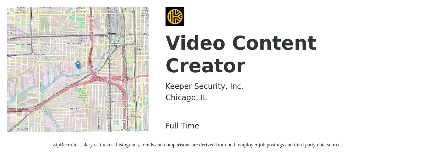 Keeper Security, Inc. job posting for a Video Content Creator in Chicago, IL with a salary of $29 to $45 Hourly with a map of Chicago location.