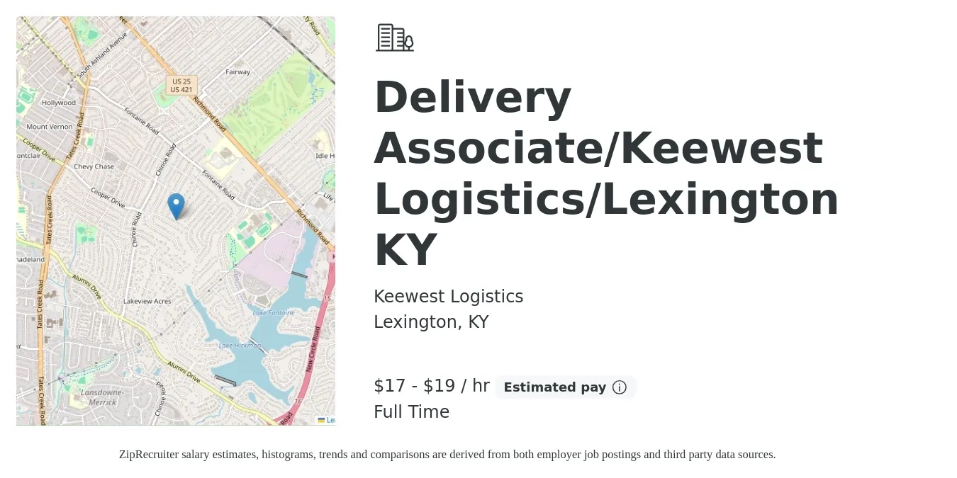 Keewest Logistics job posting for a Delivery Associate/Keewest Logistics/Lexington KY in Lexington, KY with a salary of $18 to $20 Hourly with a map of Lexington location.