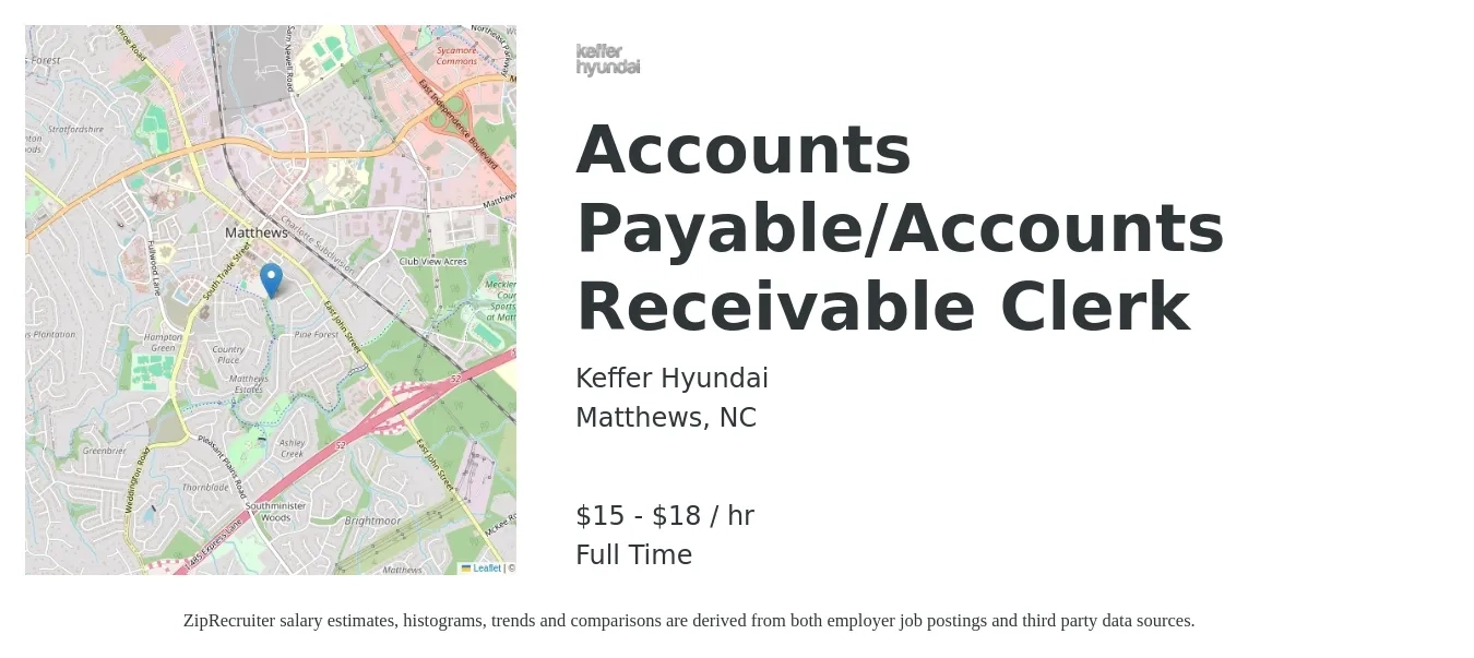 Keffer Hyundai job posting for a Accounts Payable/Accounts Receivable Clerk in Matthews, NC with a salary of $16 to $19 Hourly with a map of Matthews location.