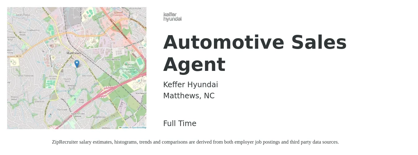 Keffer Hyundai job posting for a Automotive Sales Agent in Matthews, NC with a salary of $15 to $24 Hourly with a map of Matthews location.