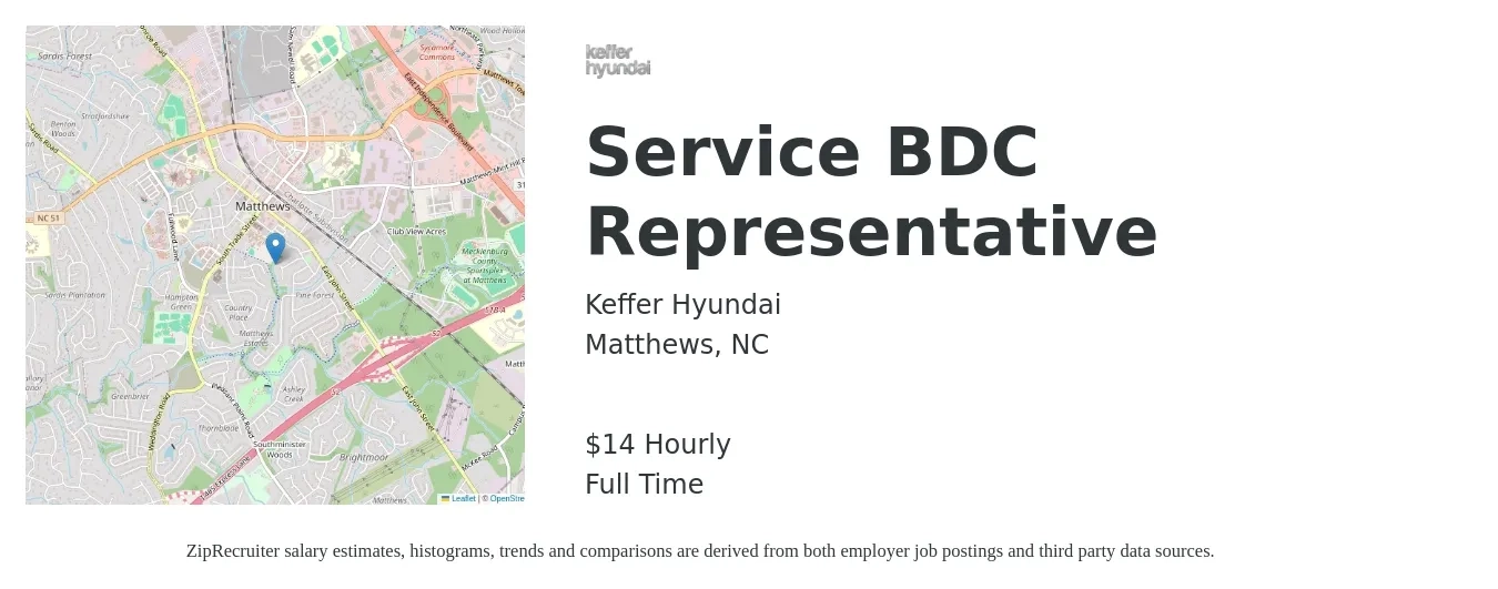 Keffer Hyundai job posting for a Service BDC Representative in Matthews, NC with a salary of $15 Hourly with a map of Matthews location.