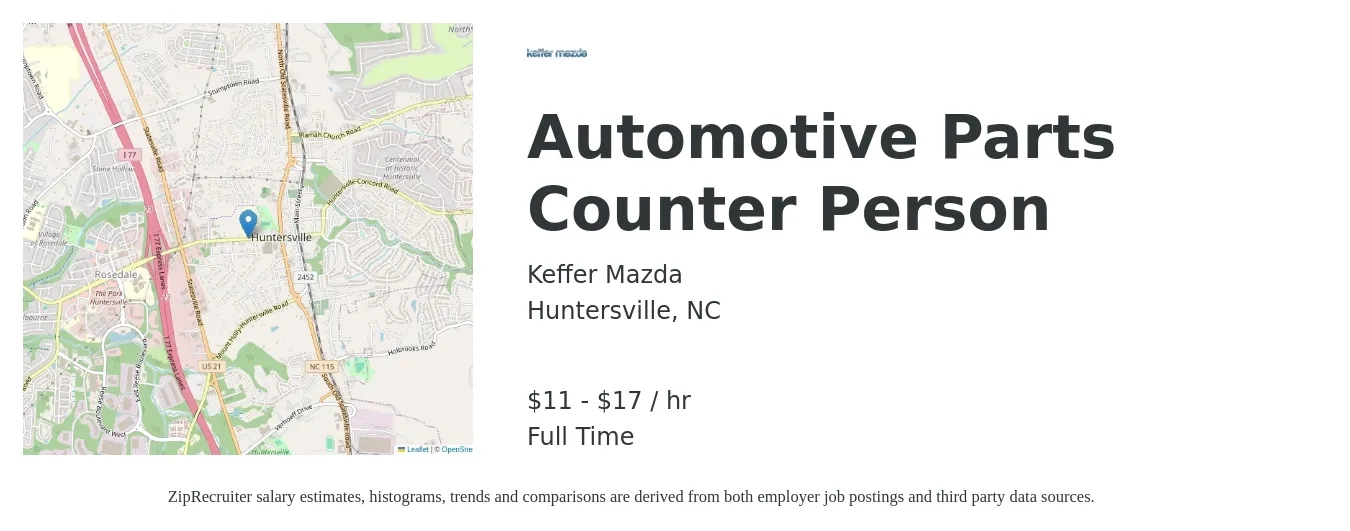 Keffer Mazda job posting for a Automotive Parts Counter Person in Huntersville, NC with a salary of $12 to $18 Hourly with a map of Huntersville location.