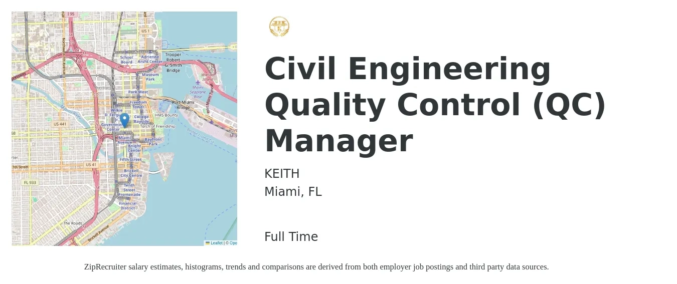 KEITH job posting for a Civil Engineering Quality Control (QC) Manager in Miami, FL with a salary of $57,900 to $95,600 Yearly with a map of Miami location.