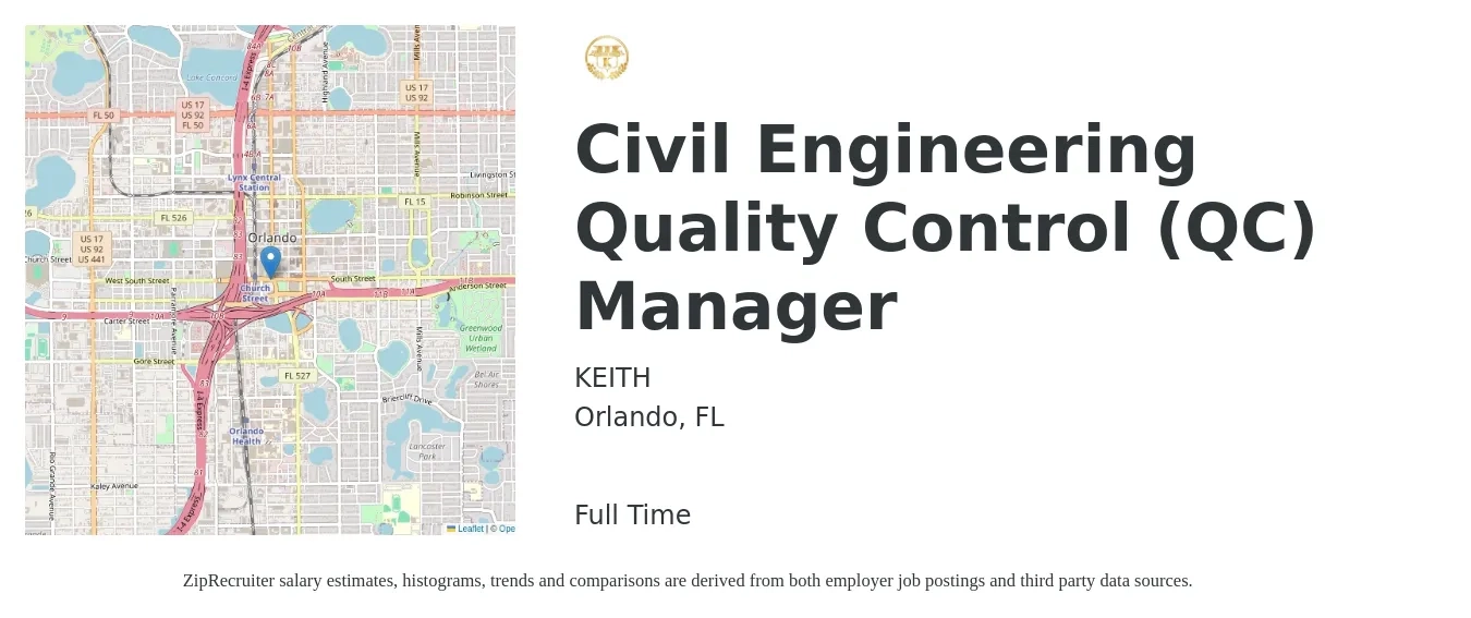 KEITH job posting for a Civil Engineering Quality Control (QC) Manager in Orlando, FL with a salary of $55,300 to $91,400 Yearly with a map of Orlando location.