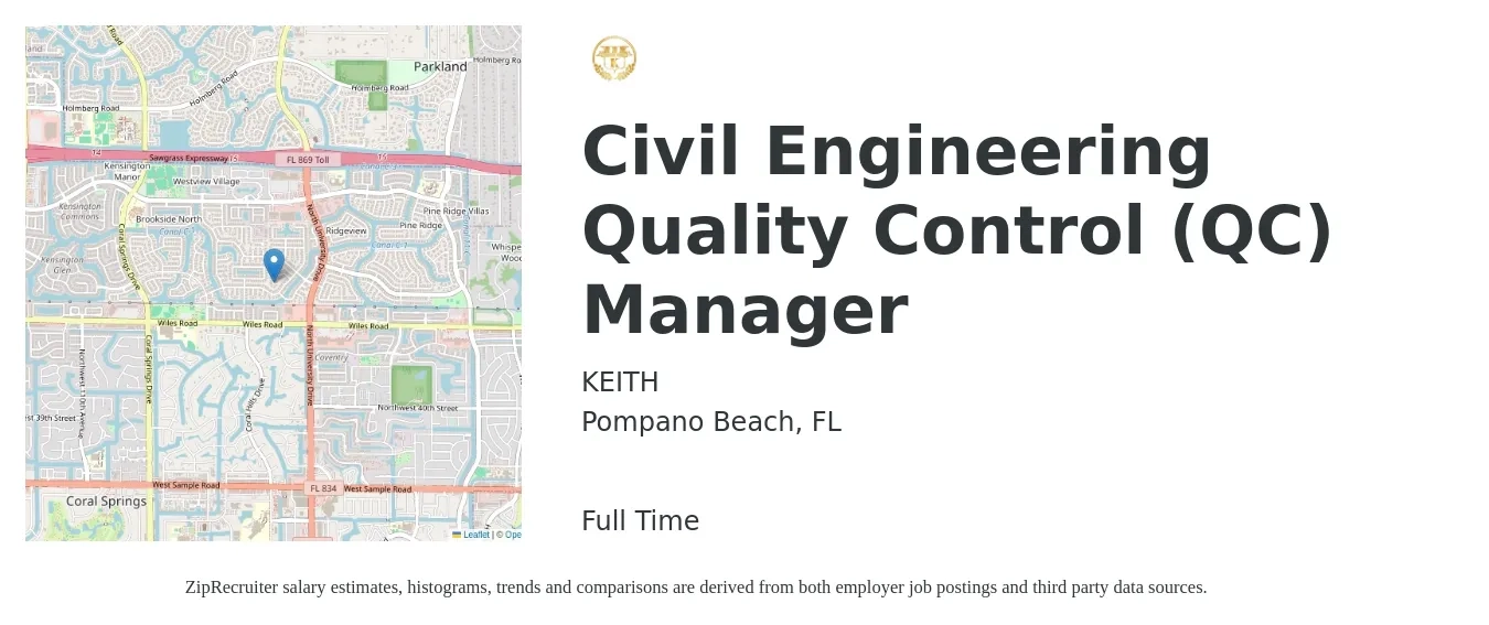 KEITH job posting for a Civil Engineering Quality Control (QC) Manager in Pompano Beach, FL with a salary of $56,900 to $94,100 Yearly with a map of Pompano Beach location.