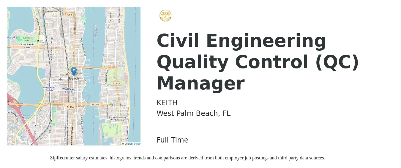 KEITH job posting for a Civil Engineering Quality Control (QC) Manager in West Palm Beach, FL with a salary of $58,500 to $96,700 Yearly with a map of West Palm Beach location.