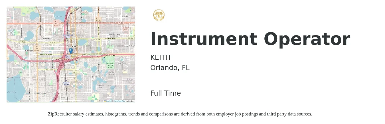 KEITH job posting for a Instrument Operator in Orlando, FL with a salary of $18 to $22 Hourly with a map of Orlando location.