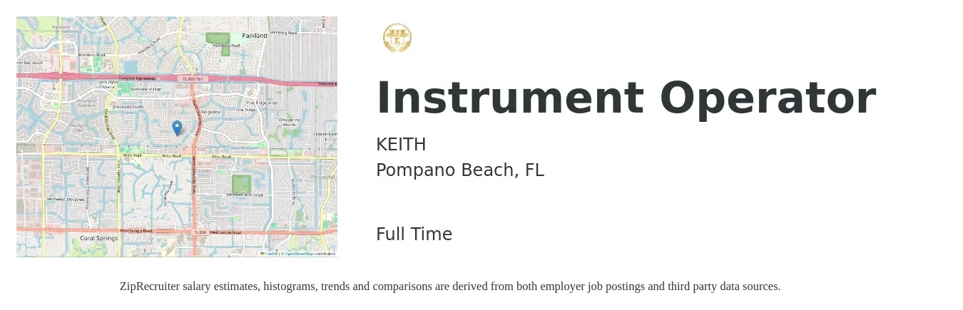 KEITH job posting for a Instrument Operator in Pompano Beach, FL with a salary of $18 to $23 Hourly with a map of Pompano Beach location.