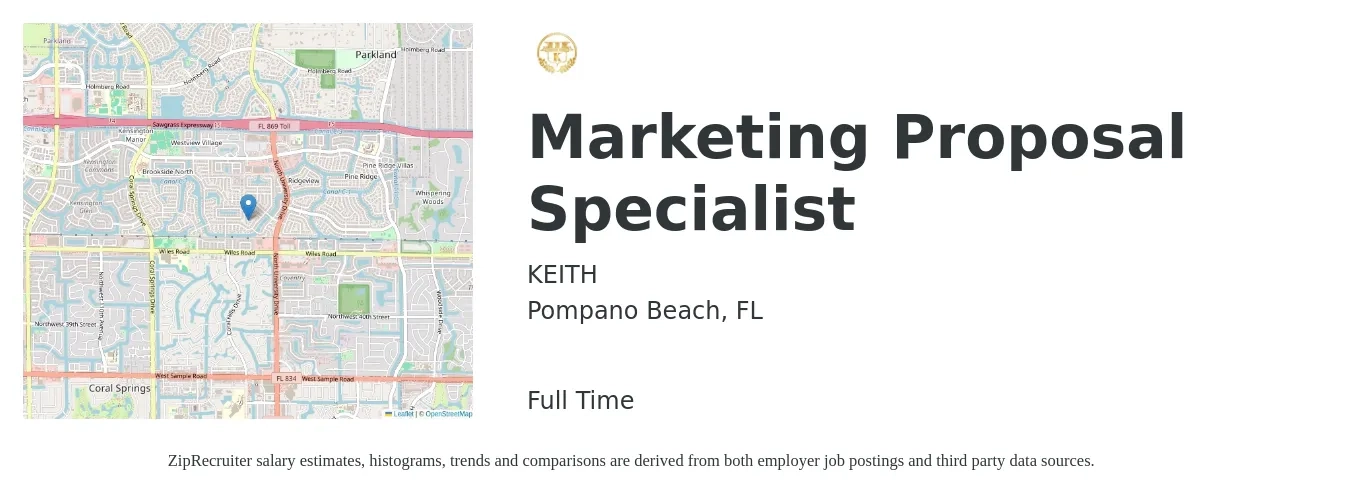 KEITH job posting for a Marketing Proposal Specialist in Pompano Beach, FL with a salary of $56,500 to $84,200 Yearly with a map of Pompano Beach location.