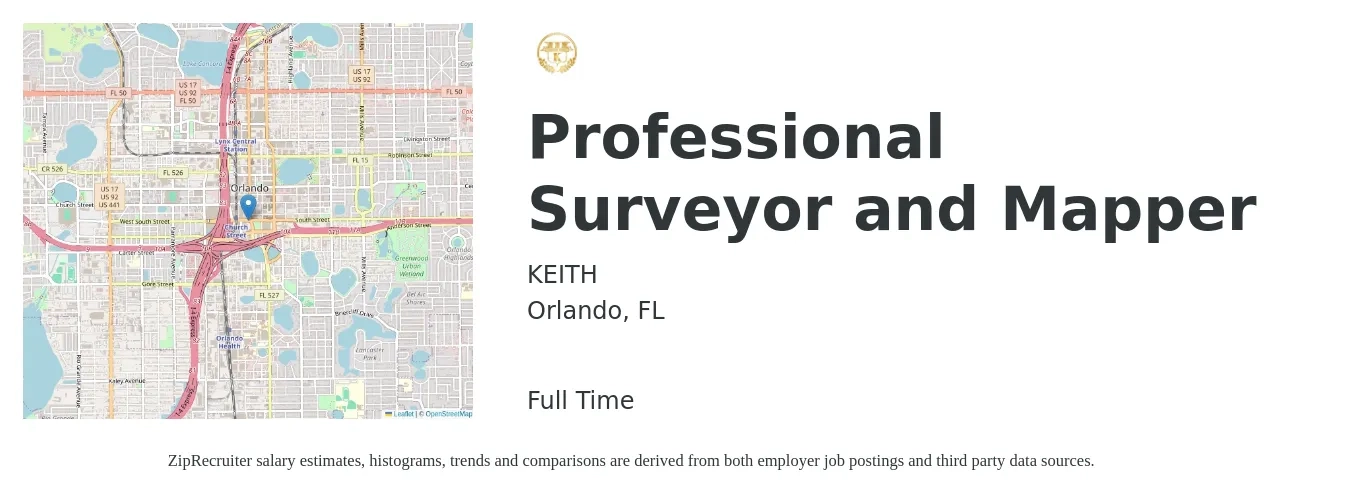 KEITH job posting for a Professional Surveyor and Mapper in Orlando, FL with a salary of $48,000 to $83,600 Yearly with a map of Orlando location.