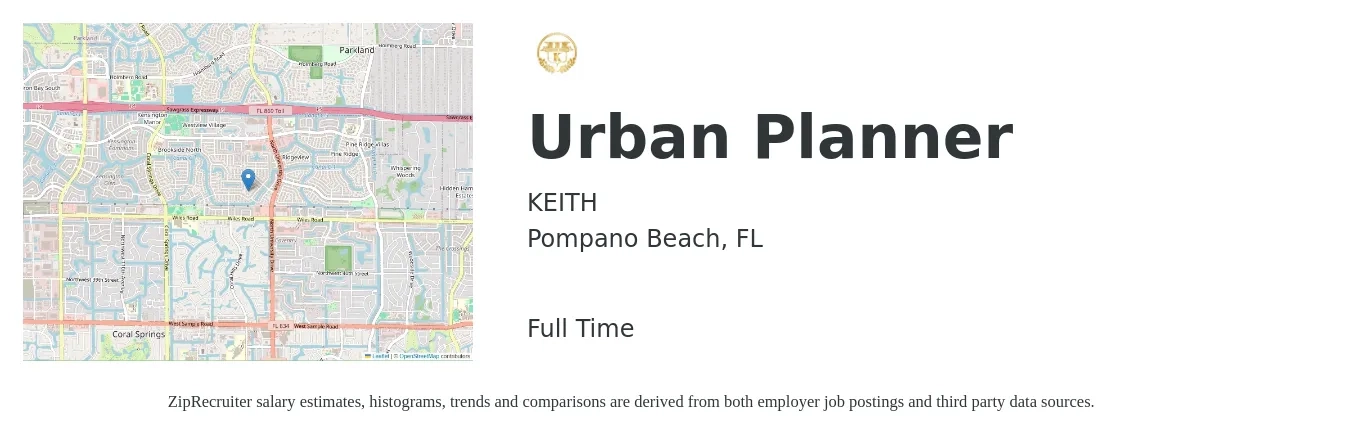 KEITH job posting for a Urban Planner in Pompano Beach, FL with a salary of $55,500 to $79,500 Yearly with a map of Pompano Beach location.
