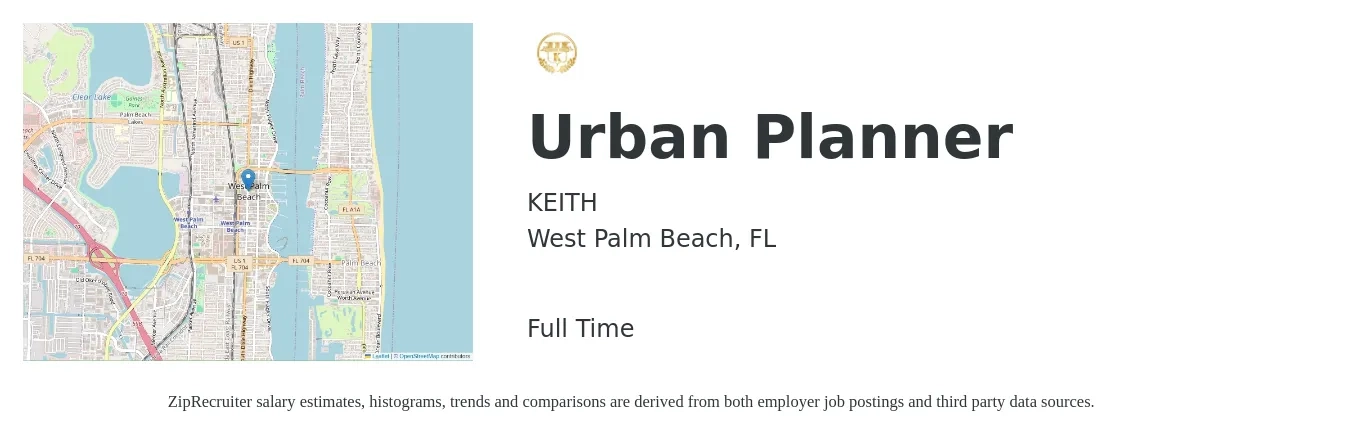 KEITH job posting for a Urban Planner in West Palm Beach, FL with a salary of $57,100 to $81,700 Yearly with a map of West Palm Beach location.