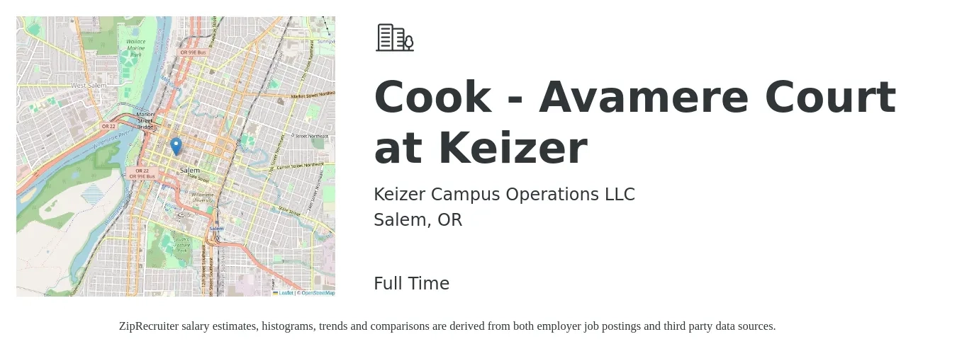 Keizer Campus Operations LLC job posting for a Cook - Avamere Court at Keizer in Salem, OR with a salary of $14 to $19 Hourly with a map of Salem location.