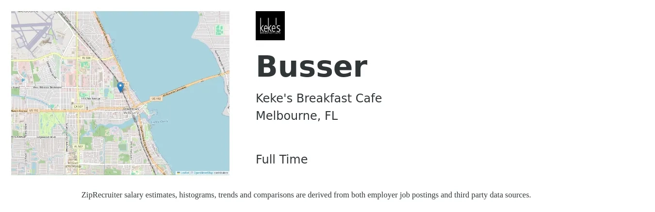 Keke's Breakfast Cafe job posting for a Busser in Melbourne, FL with a salary of $10 to $14 Hourly with a map of Melbourne location.
