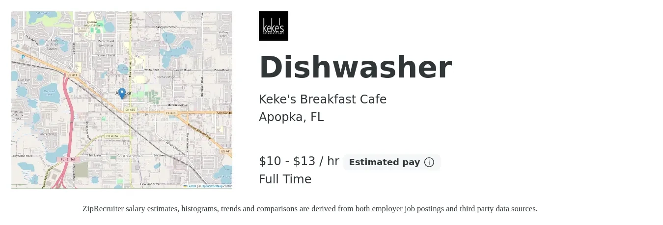 Keke's Breakfast Cafe job posting for a Dishwasher in Apopka, FL with a salary of $11 to $14 Hourly with a map of Apopka location.